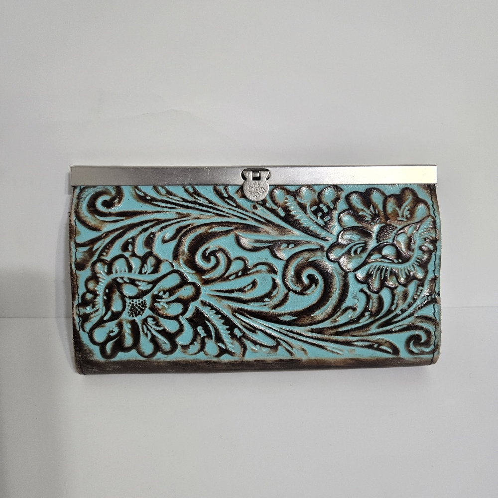 Patricia Nash Cauchy Tooled Leather Wallet turquoise Brown Floral clutch